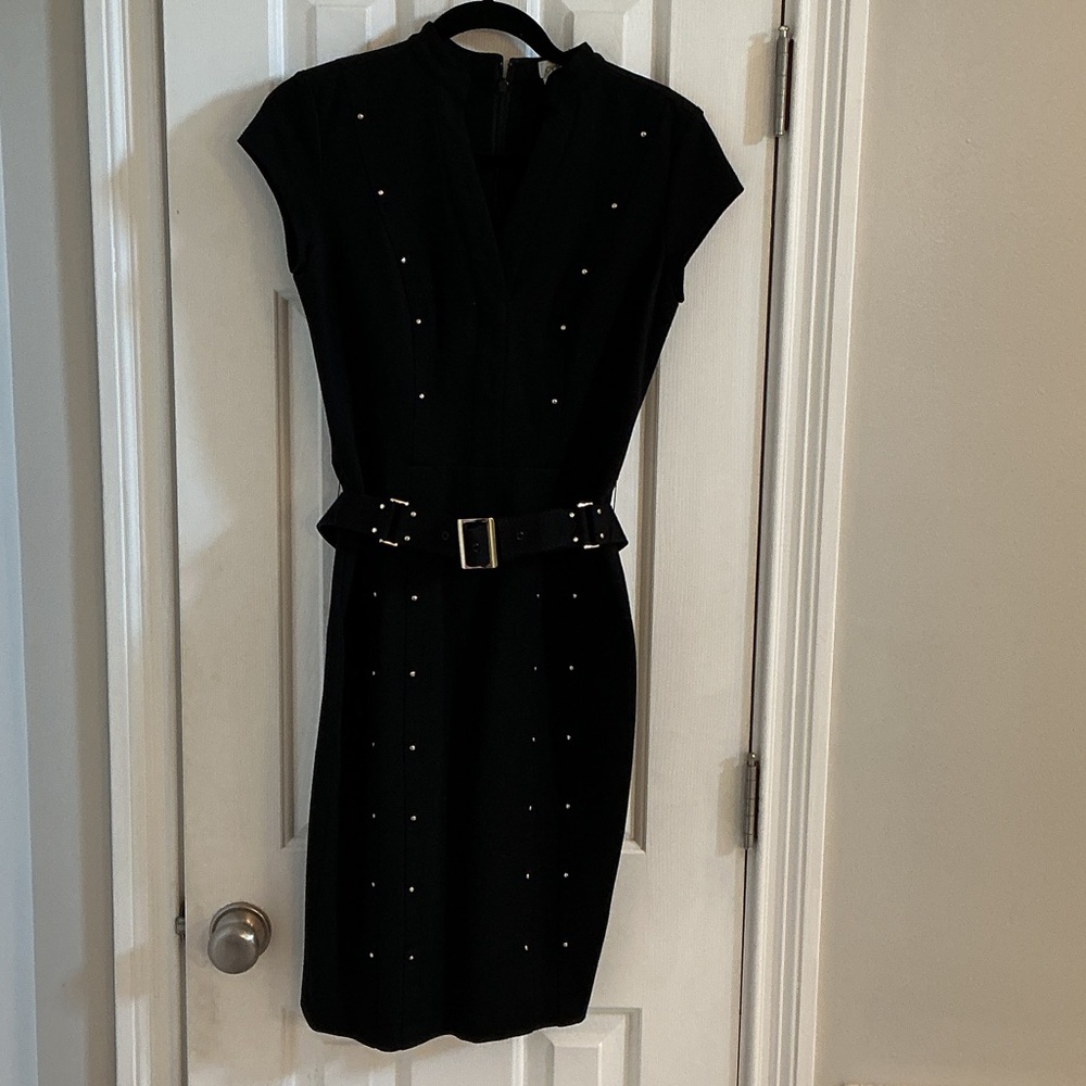 Cache Black Cap-Sleeve Sheath Dress with Studded Belt